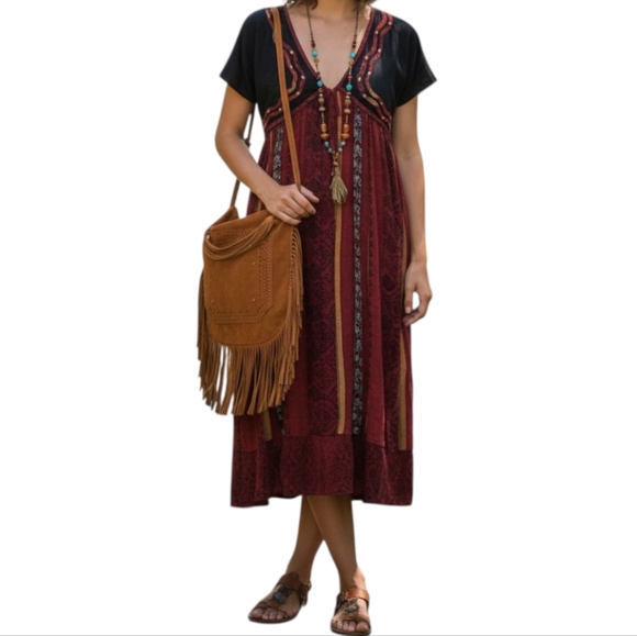 Vintage red bohemian dress with attached vest - Picture 1 of 10
